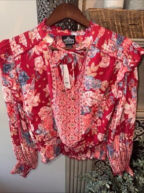 Angie Red Floral Tie-Neck Smocked Peasant Blouse